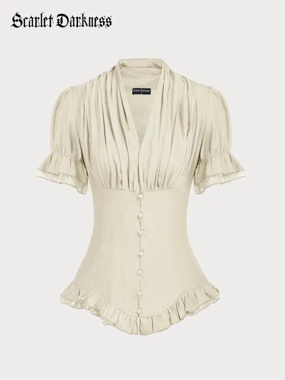 Scarlet Darkness Ladies Victorian Blouse Lace Up Pleated Shirt in Apricot Medium - Picture 2 of 10